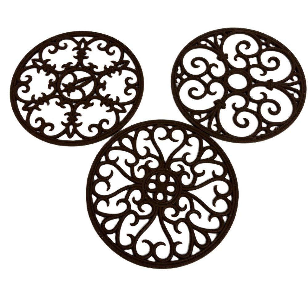 * Trivets Set of Three Silicone Mats Scroll Design Hot Pads Dark Brown